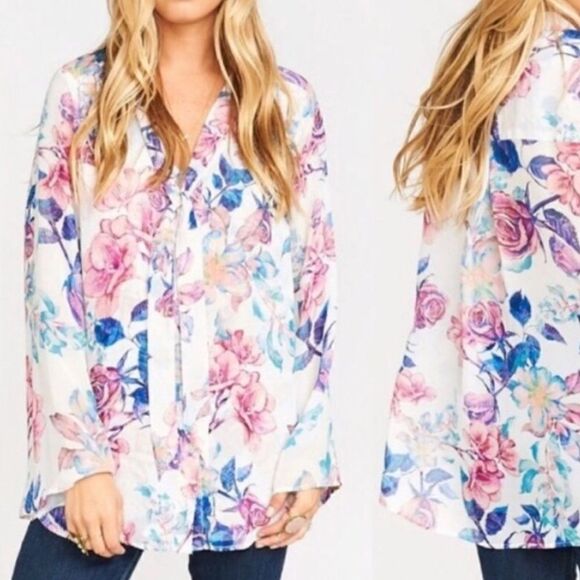 NWT White Floral Tie Neck Blouse - Picture 1 of 9